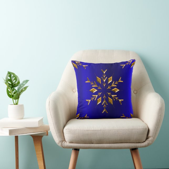 Golden Snowflake on Blue Christmas Throw Pillow (Chair)