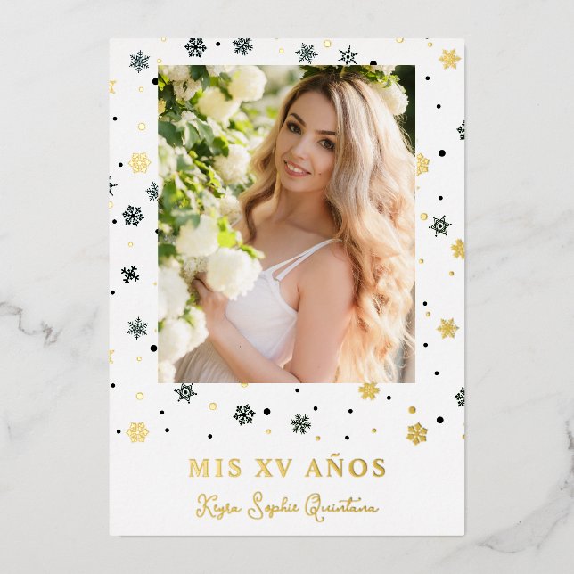 Golden Snowflake Quinceañera Spanish Whimsical  Foil Invitation (Front)