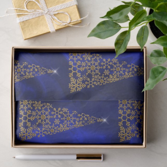 Golden Snowflake Trees on Blue Silk Christmas Tissue Paper (Gift)