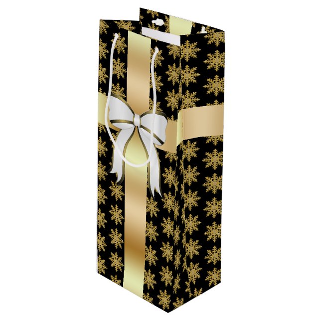 Golden Snowflake Wine Gift Bag (Front Angled)