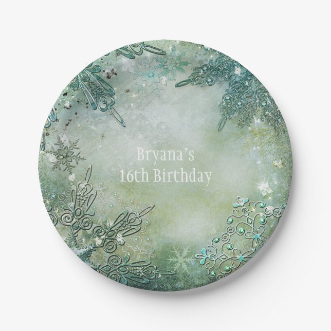 Golden Snowflake Winter Wonderland Elegant Party Paper Plates (Front)