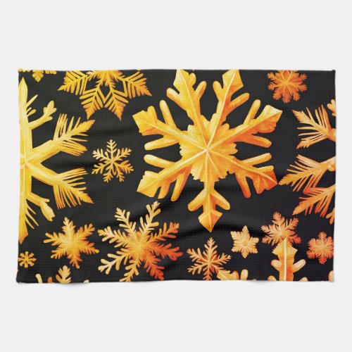 Golden Snowflakes and black background color Kitchen Towel
