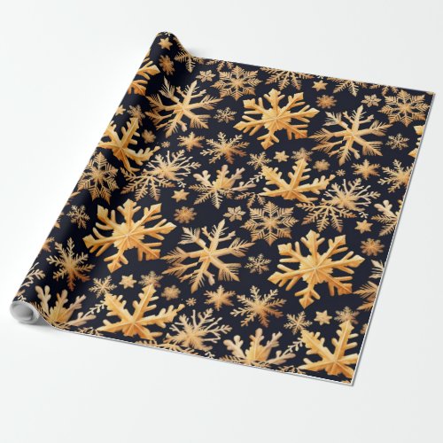Golden Snowflakes and black background color Wrapping Paper