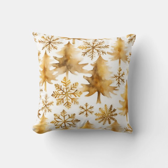 Golden  Snowflakes and Gold  Holiday Trees  Throw Pillow (Front)