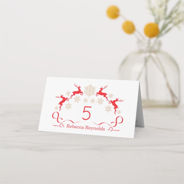 Golden snowflakes and reindeer Christmas Place Card (Front)