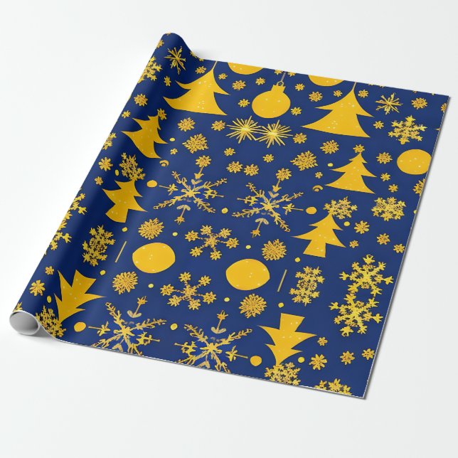 Golden Snowflakes and Trees Festive Pattern Wrapping Paper (Unrolled)