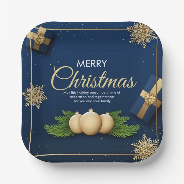 Golden Snowflakes Christmas Card,Merry Christmas Paper Plates (Front)