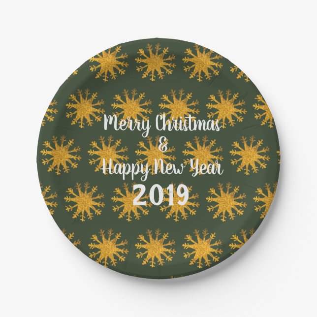 Golden Snowflakes Custom Text Paper Plates (Front)