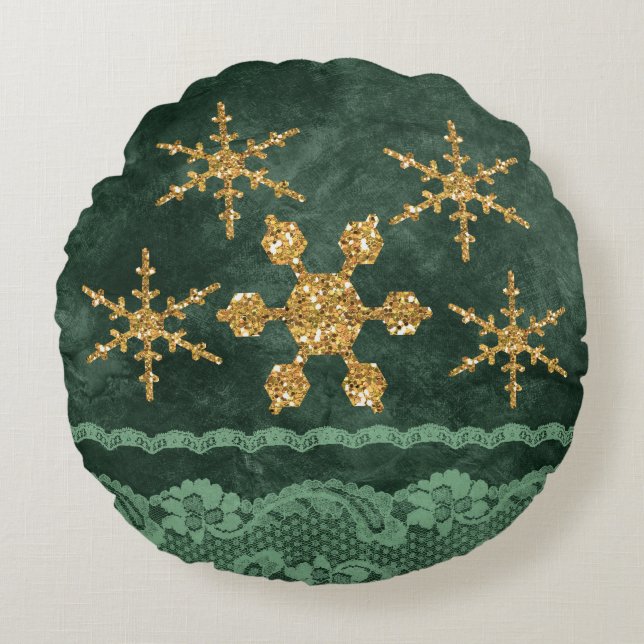 Golden Snowflakes Emerald Green Faux Lace Round Pillow (Front)