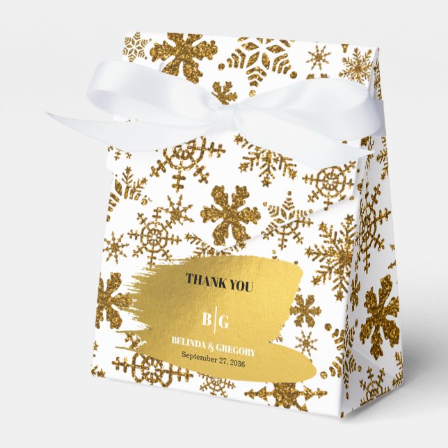 Golden Snowflakes Festive Christmas Wedding Favor Boxes (Front Side)