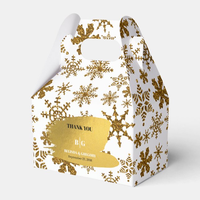 Golden Snowflakes Festive Christmas Wedding Favor Boxes (Front Side)