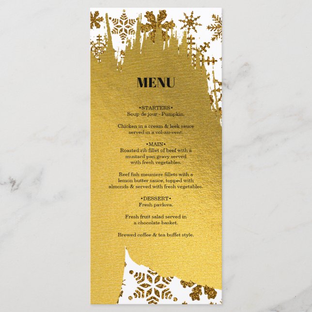 Golden Snowflakes Festive Christmas Wedding Menu (Front)