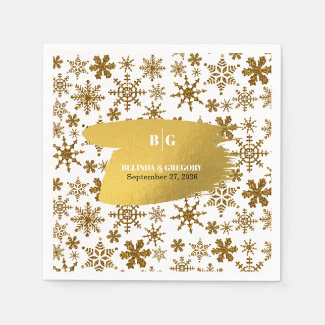 Golden Snowflakes Festive Christmas Wedding Napkins (Front)