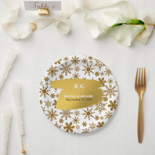 Golden Snowflakes Festive Christmas Wedding Paper Plates