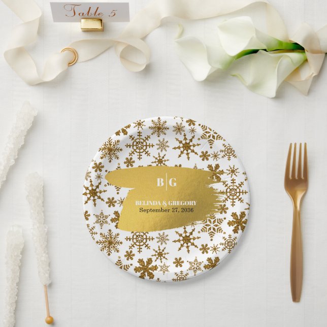 Golden Snowflakes Festive Christmas Wedding Paper Plates (Wedding)