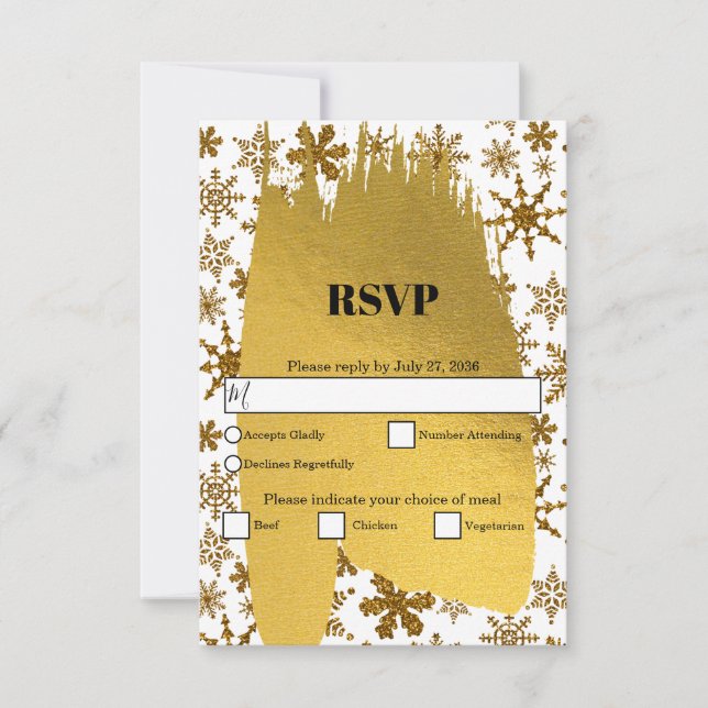 Golden Snowflakes Festive Christmas Wedding RSVP Card (Front)