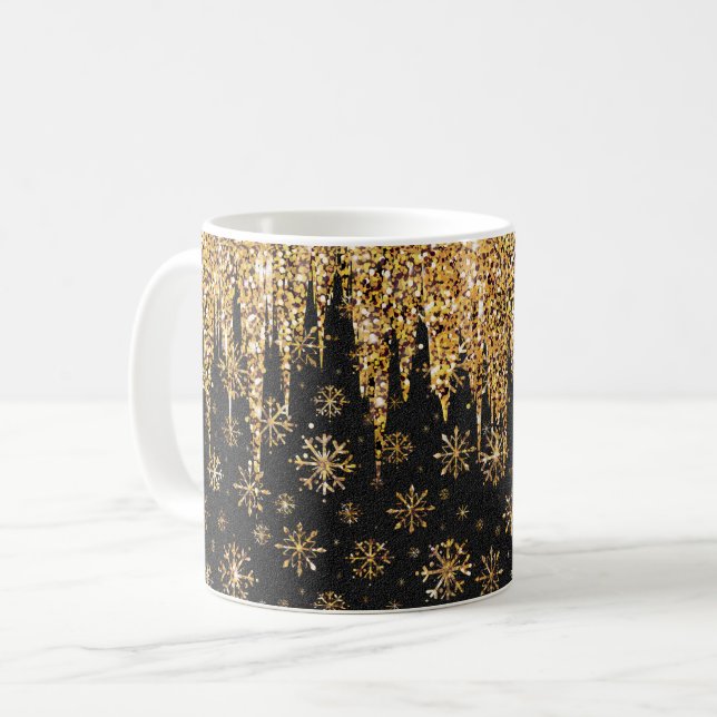 Golden Snowflakes Glittering Gold Drips Coffee Mug (Front Left)