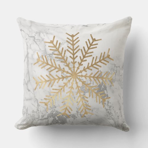 Golden Snowflakes Gray Silver White Marble Throw Pillow