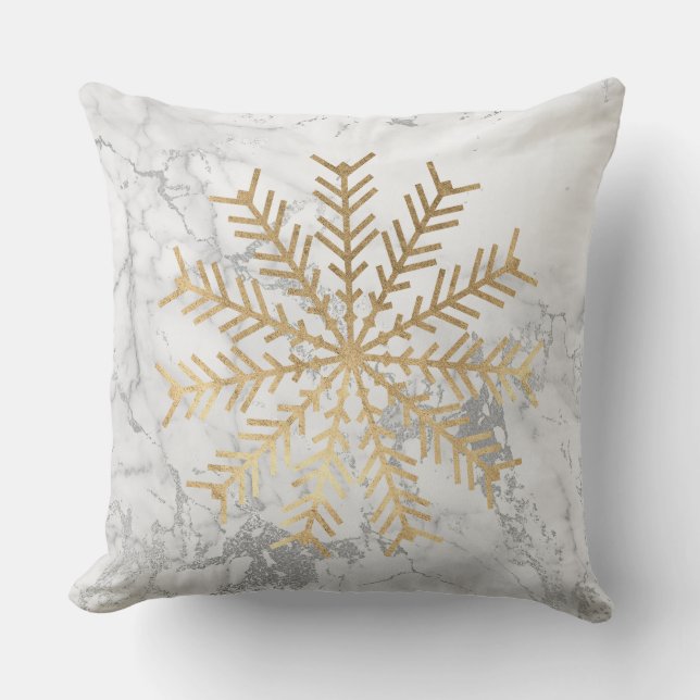 Golden Snowflakes Gray Silver White Marble Throw Pillow (Front)