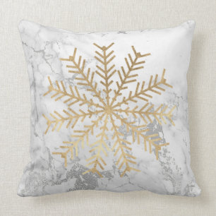 Golden Snowflakes Gray Silver White Marble Throw Pillow