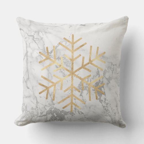 Golden Snowflakes Gray Silver White Marble Throw Pillow
