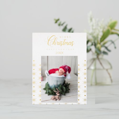 Golden Snowflakes Merry Christmas Photo Baby Foil Holiday Postcard