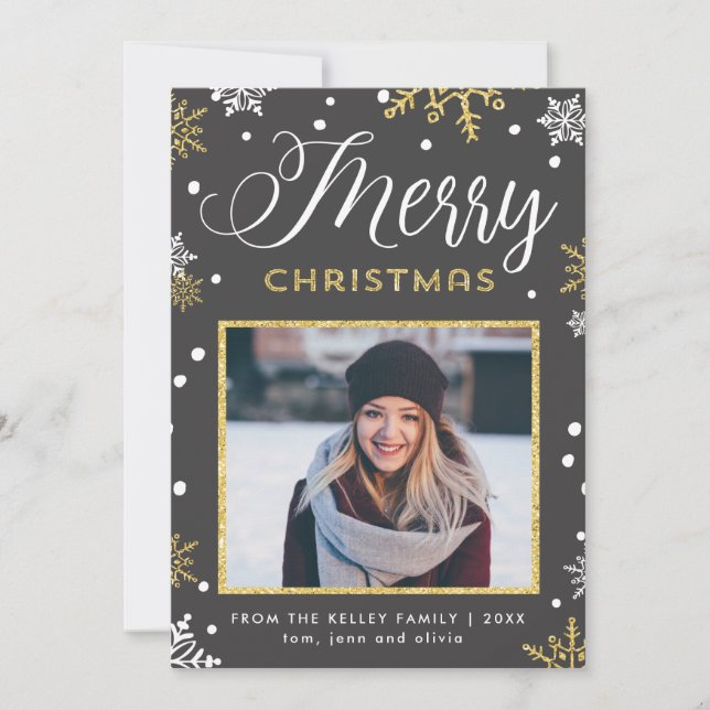 Golden Snowflakes Merry Christmas Photos on Back, Holiday Card (Front)