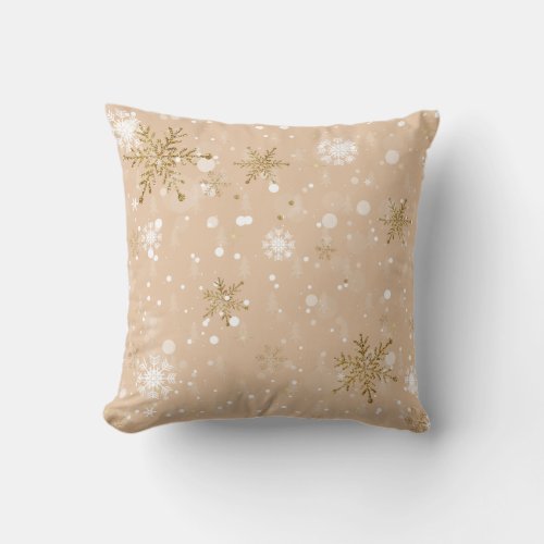 Golden Snowflakes of Christmas in the Beige Backgr Throw Pillow