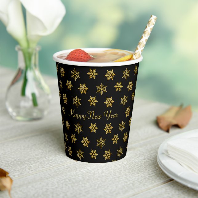Golden Snowflakes on Black New Year Party Paper Cups (Insitu)