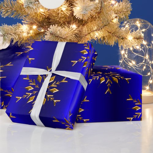 Golden Snowflakes on Blue Christmas Wrapping Paper