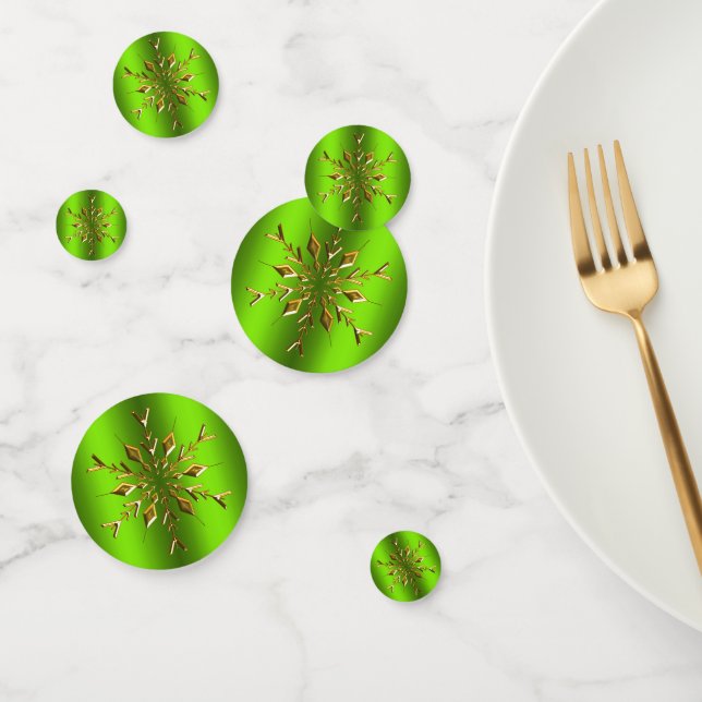 Golden Snowflakes on Green Christmas Confetti (Group)