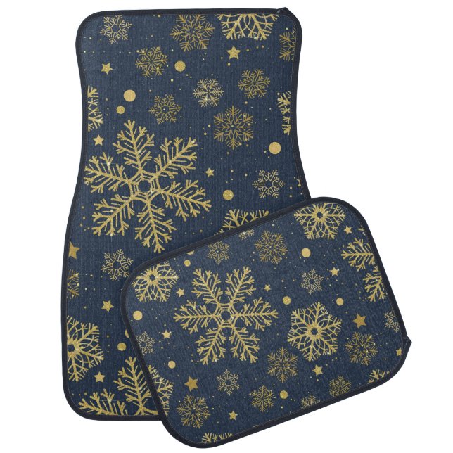 Golden snowflakes on navy car floor mat (Set)