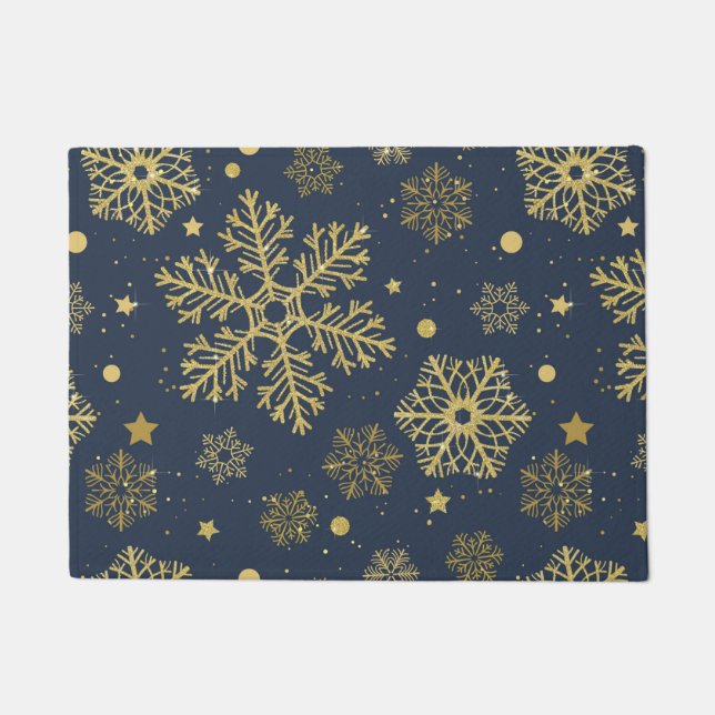 Golden snowflakes on navy doormat (Front)
