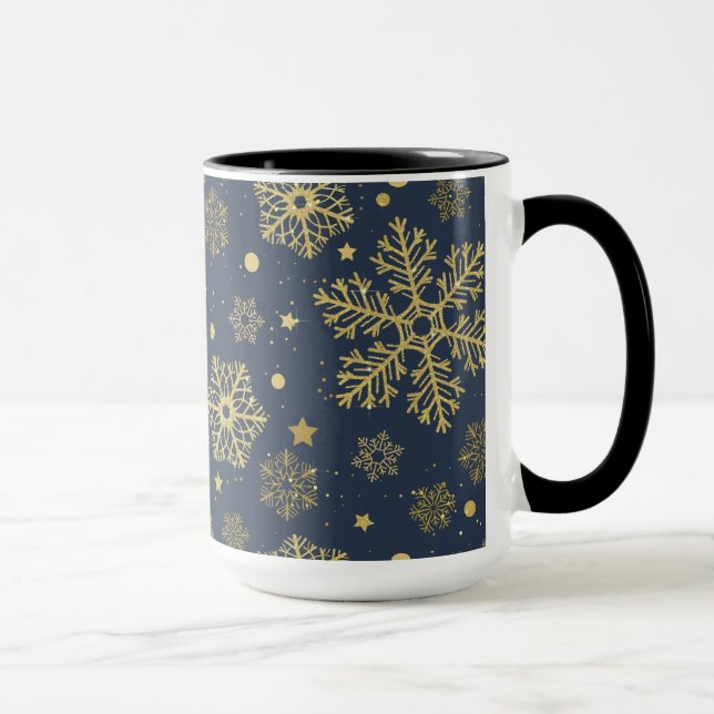 Golden snowflakes on navy mug (Right)