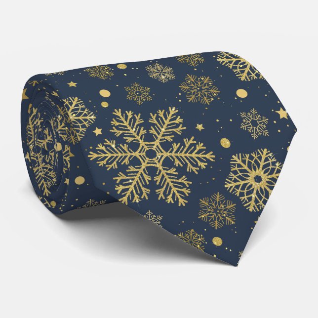 Golden snowflakes on navy neck tie (Rolled)