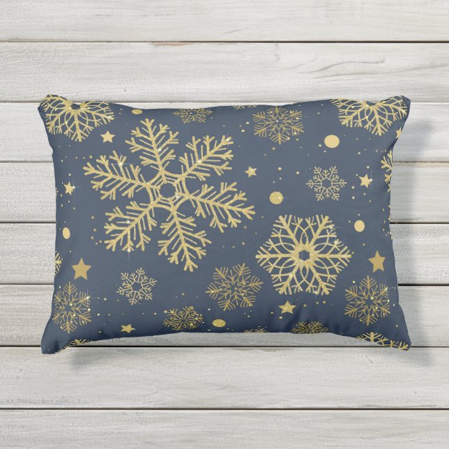 Golden snowflakes on navy outdoor pillow (Front)