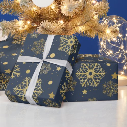 Golden snowflakes on navy wrapping paper