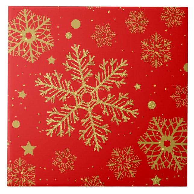 Golden snowflakes on red ceramic tile (Front)