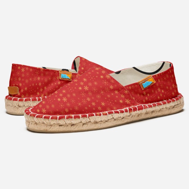 Golden Snowflakes on Red / Christmas Espadrilles (Angled)
