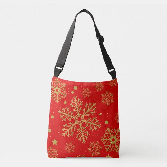 Golden snowflakes on red crossbody bag (Front)