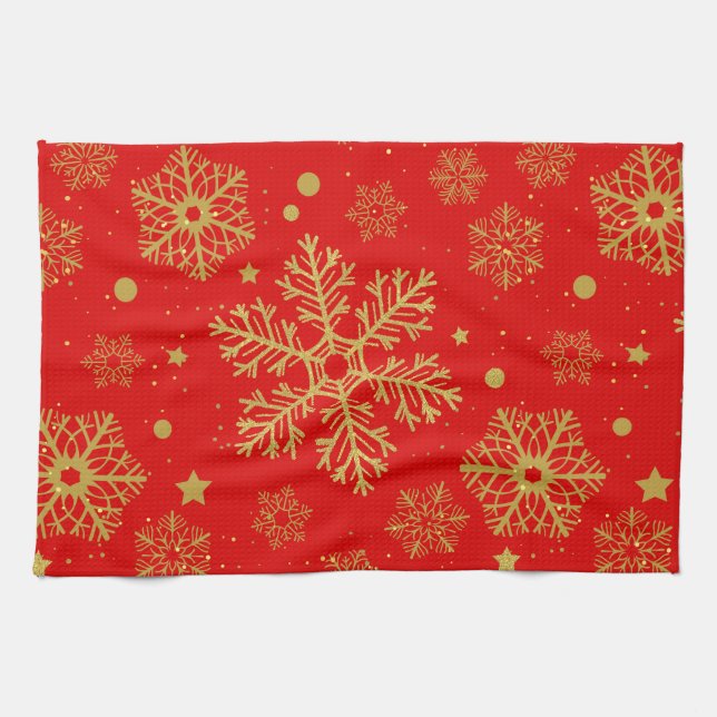 Golden snowflakes on red kitchen towel (Horizontal)