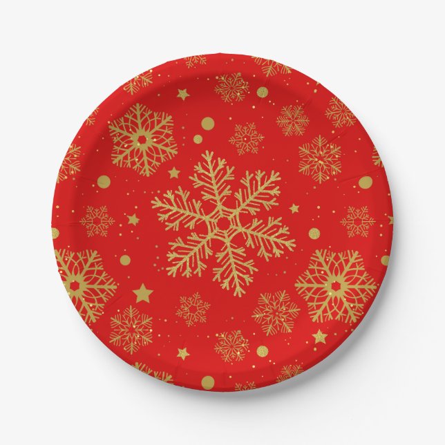 Golden snowflakes on red paper plates (Front)