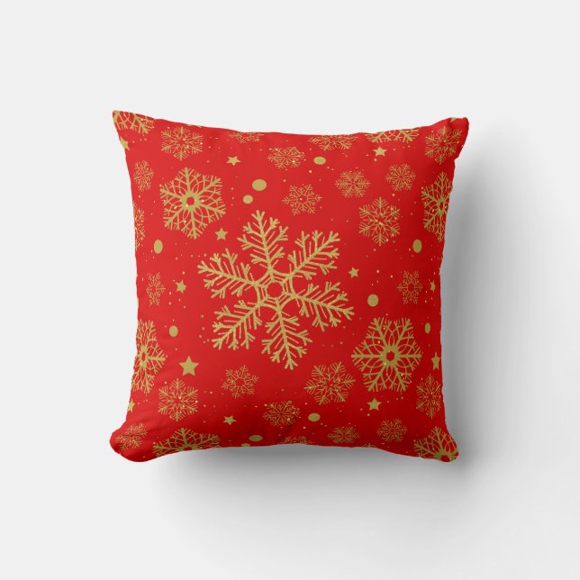 Golden snowflakes on red throw pillow (Front)