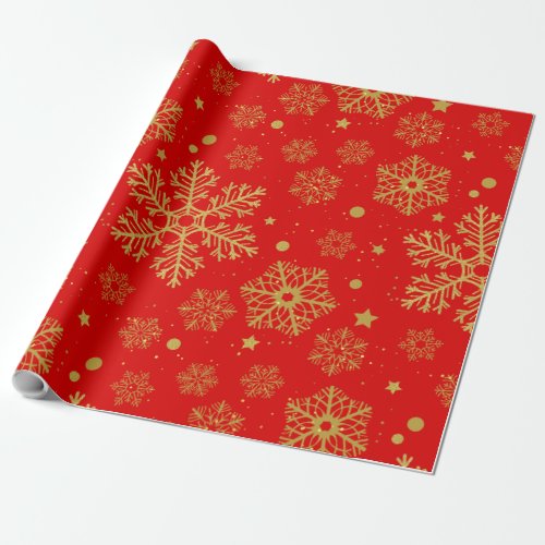 Golden snowflakes on red wrapping paper