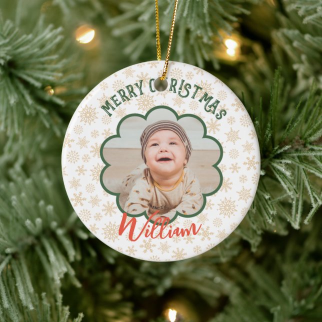 Golden Snowflakes Photo Christmas Name  Ceramic Ornament (Tree)