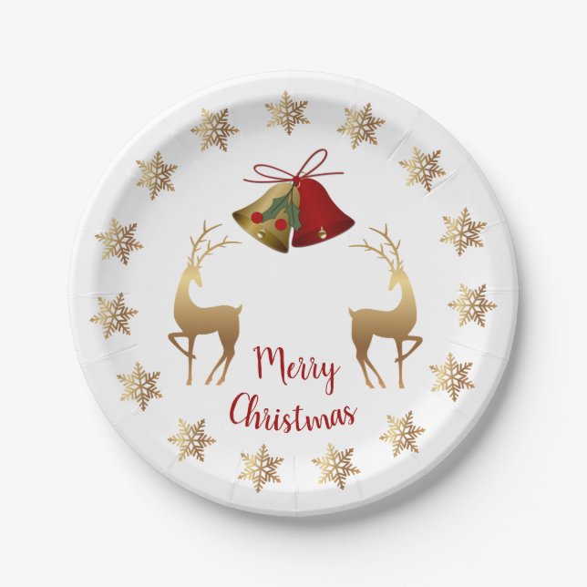 Golden snowflakes, reindeer, bells Christmas Paper Plates (Front)