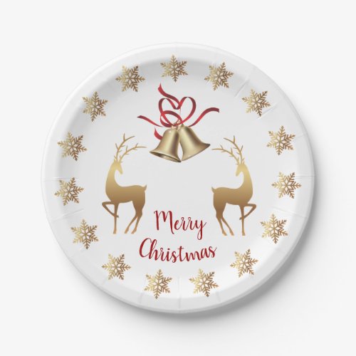 Golden snowflakes reindeer Christmas bells Paper Plates