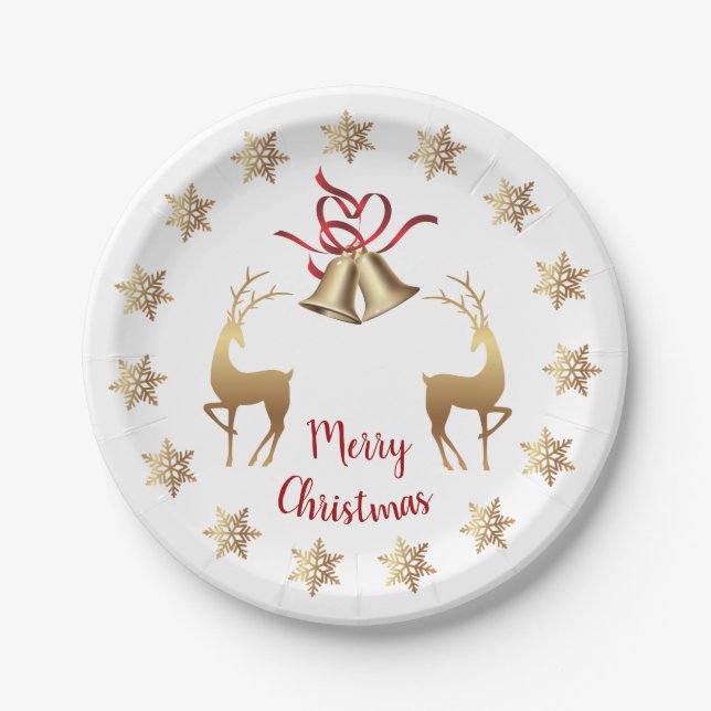 Golden snowflakes, reindeer, Christmas bells Paper Plates (Front)