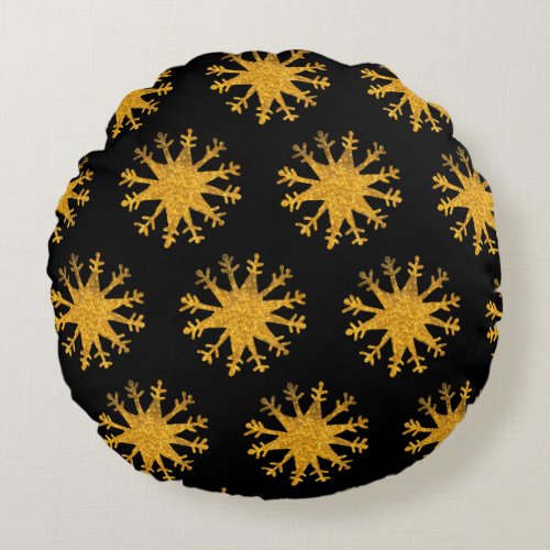 Golden Snowflakes Round Pillow