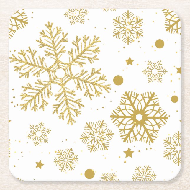 Golden snowflakes square paper coaster (Front)